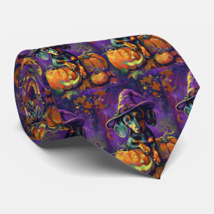 Spooky Dachshund Dog Halloween Witch And Pumpkin Tie