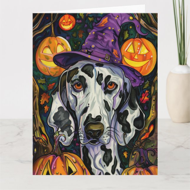 Spooky Dalmatian Dog Halloween Witch And Pumpkin Card (Front)