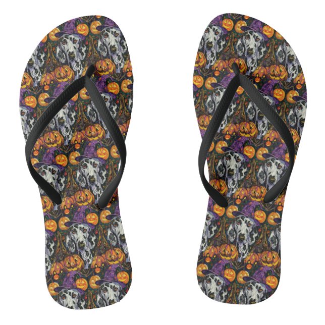 Spooky Dalmatian Dog Halloween Witch And Pumpkin Flip Flops (Footbed)