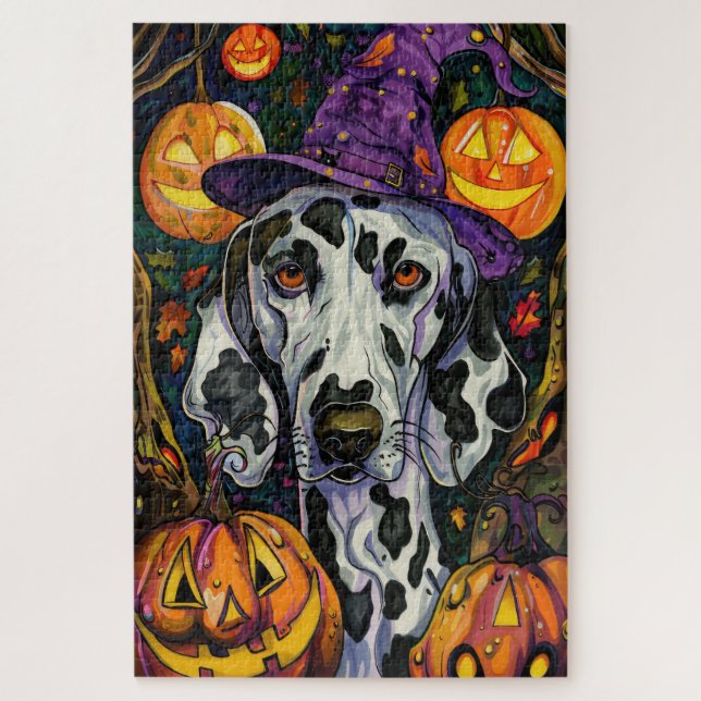 Spooky Dalmatian Dog Halloween Witch And Pumpkin Jigsaw Puzzle (Vertical)