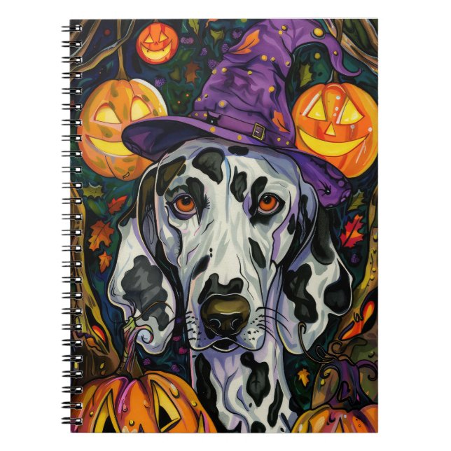 Spooky Dalmatian Dog Halloween Witch And Pumpkin Notebook (Front)