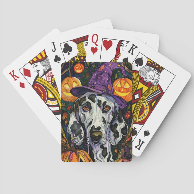 Spooky Dalmatian Dog Halloween Witch And Pumpkin Playing Cards (Back)