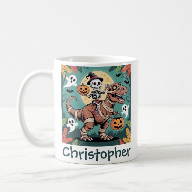 Spooky Dino Rider – Skeleton on Mummy T-Rex  Coffee Mug (Left)
