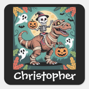 Spooky Dino Rider – Skeleton on Mummy T-Rex Square Sticker