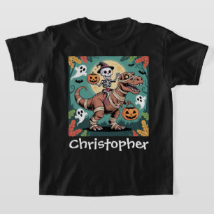 Spooky Dino Rider – Skeleton on Mummy T-Rex T-Shirt
