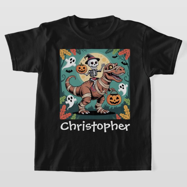 Spooky Dino Rider – Skeleton on Mummy T-Rex  T-Shirt (Laydown)