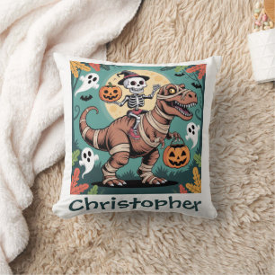 Spooky Dino Rider – Skeleton on Mummy T-Rex  Throw Pillow