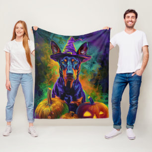 Spooky Doberman Dog Halloween Witch And Pumpkin Fleece Blanket
