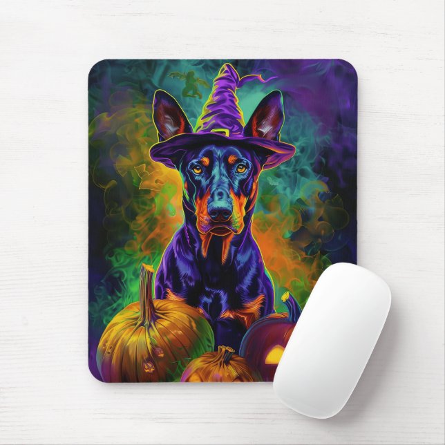 Spooky Doberman Dog Halloween Witch And Pumpkin  Mouse Pad (With Mouse)