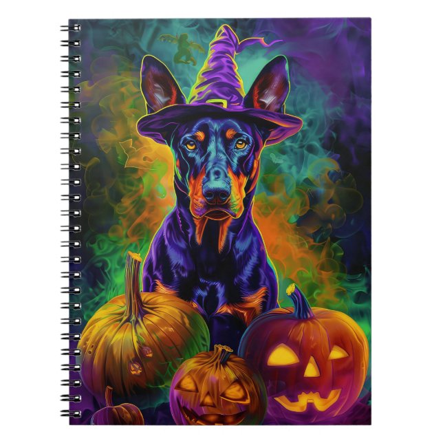 Spooky Doberman Dog Halloween Witch And Pumpkin  Notebook (Front)