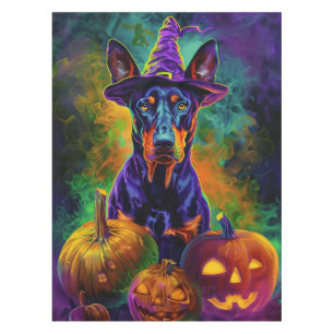 Spooky Doberman Dog Halloween Witch And Pumpkin  Tablecloth