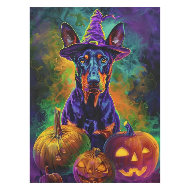 Spooky Doberman Dog Halloween Witch And Pumpkin  Tablecloth (Front)
