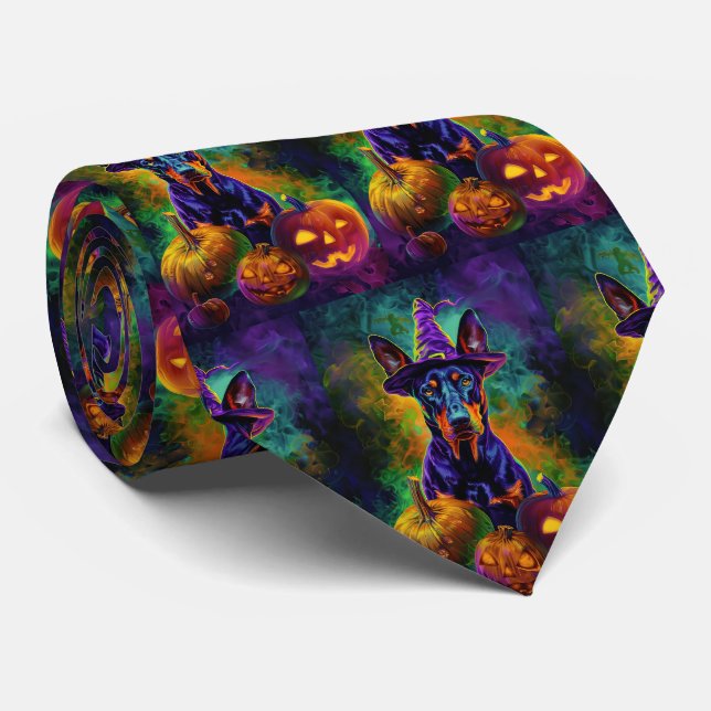 Spooky Doberman Dog Halloween Witch And Pumpkin  Tie (Rolled)