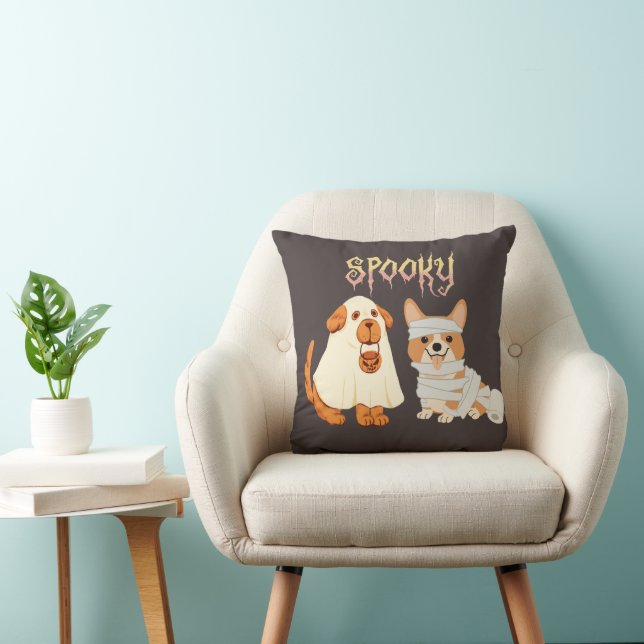 Spooky Dog Ghost and Mummy Black Halloween Throw Pillow (Chair)