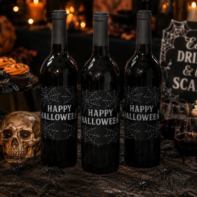 Spooky Drinks Happy Halloween Spiderwebs Haunted  Wine Label (Creator Uploaded)
