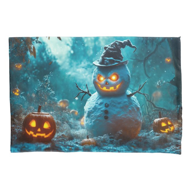 Spooky Evil Snowman with Pumpkins Pillowcase (Front)