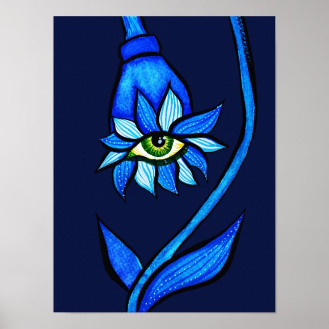 Spooky Eye Flower Creepy Art In Blue Poster (Front)