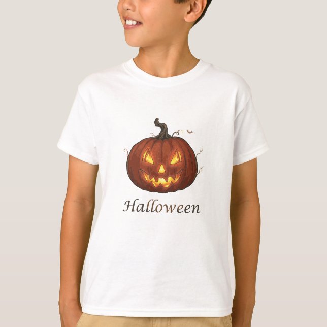 Spooky Fiery Jack-o'-Lantern Halloween Pumpkin T-Shirt (Front)