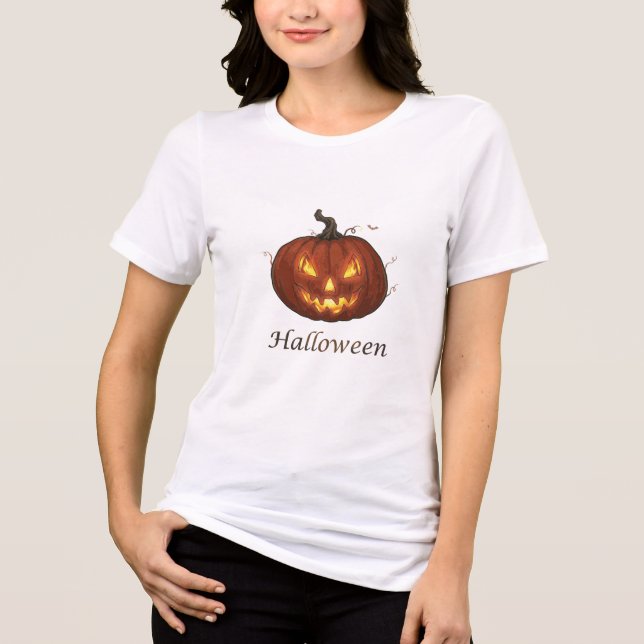 Spooky Fiery Jack-o'-Lantern Halloween Pumpkin Tri-Blend Shirt (Front)