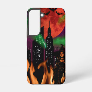 Spooky Fire Witch Cityscape Red Moon Halloween Samsung Galaxy Case