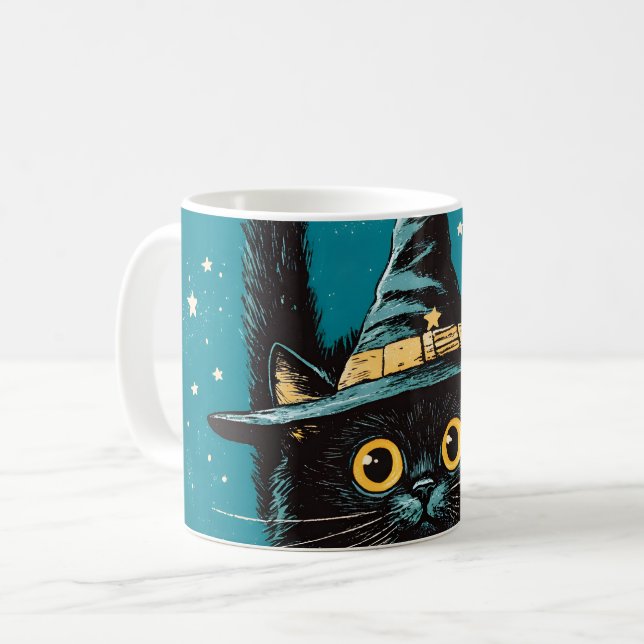 Spooky Flying Black Cat Witch Coffee Mug (Front Left)