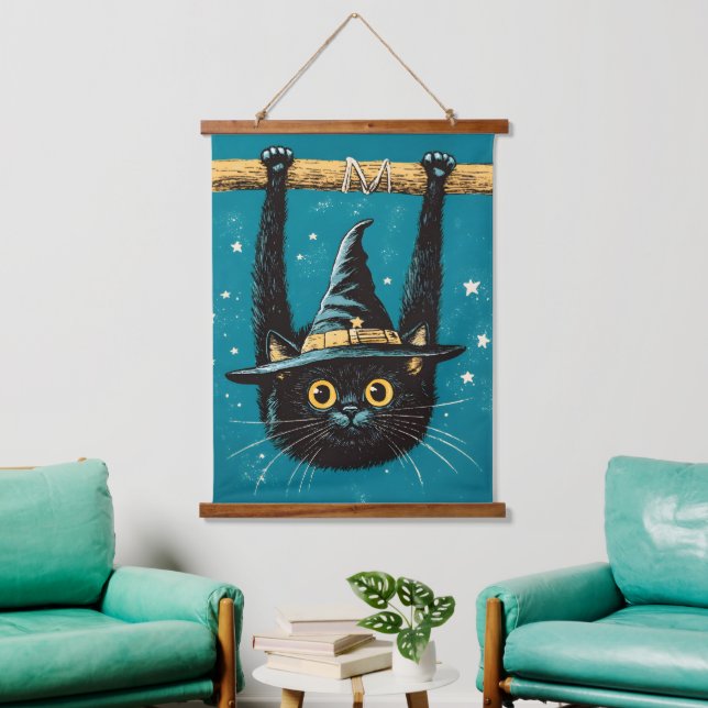 Spooky Flying Black Cat Witch Hanging Tapestry (Living Room)
