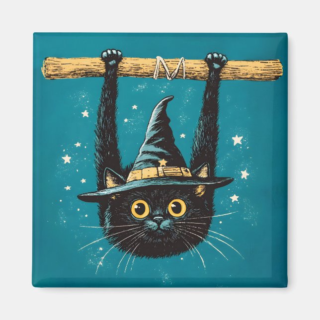 Spooky Flying Black Cat Witch Magnet (Front)