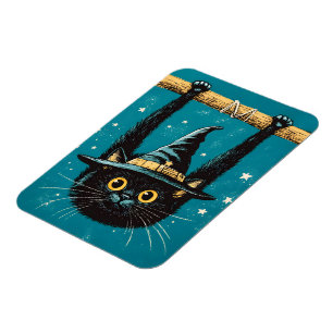 Spooky Flying Black Cat Witch Magnet