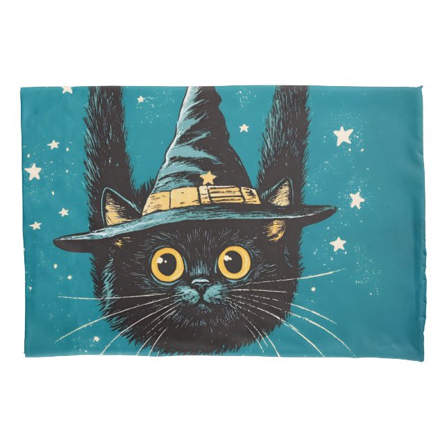 Spooky Flying Black Cat Witch Pillowcase (Front)
