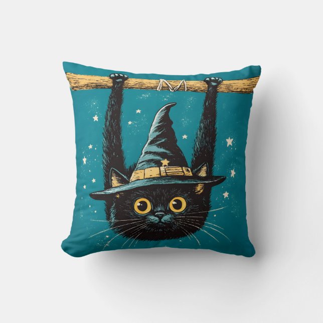Spooky Flying Black Cat Witch Throw Pillow (Front)