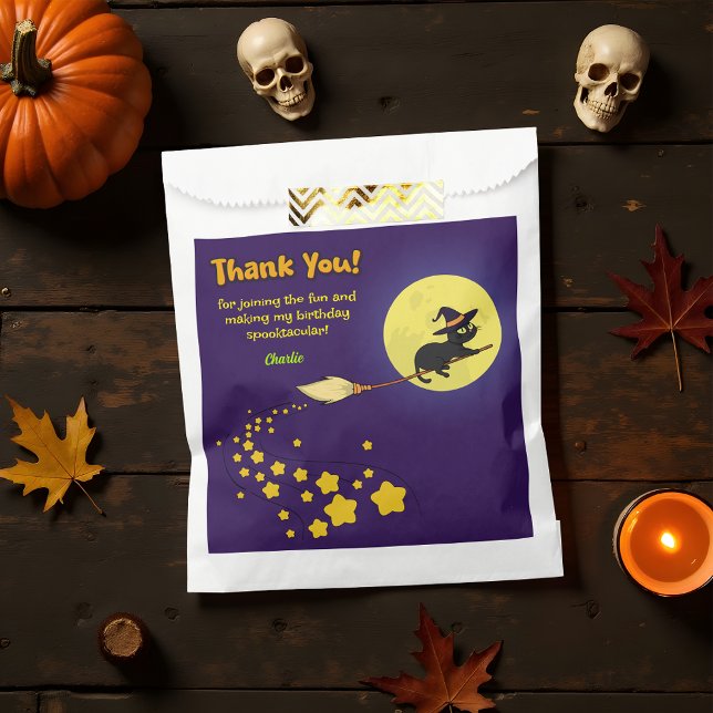 Spooky Flying Witch Black Cat Cute Thank You Party Favour Bag (Creator Uploaded)
