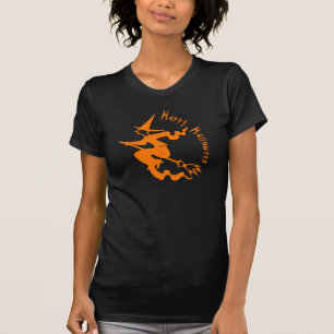 Spooky Flying Witch Happy Halloween Orange Black T-Shirt