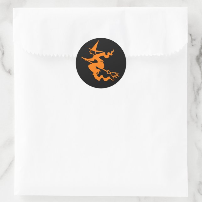 Spooky Flying Witch Orange Black Halloween Kids Classic Round Sticker (Bag)