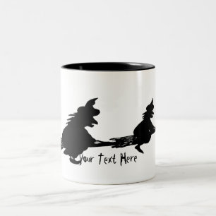 spooky flying witches on broomsticks halloween Two-Tone coffee mug