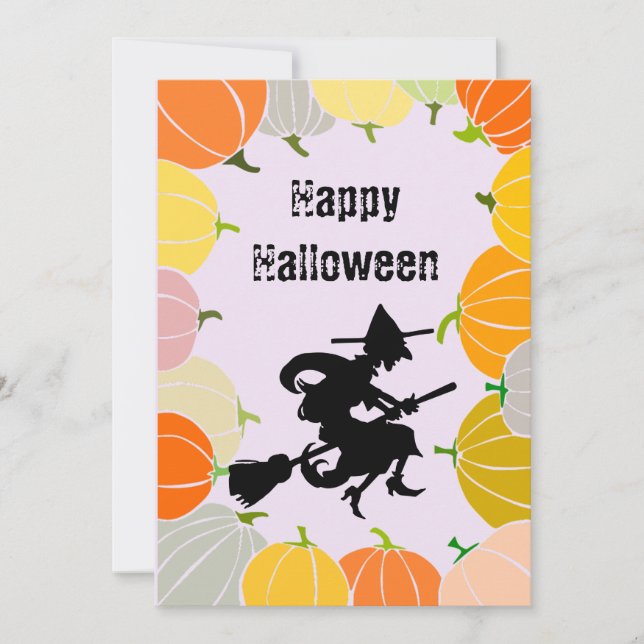 Spooky Flying Witch's Orange Pumpkins Holiday Card (Front)