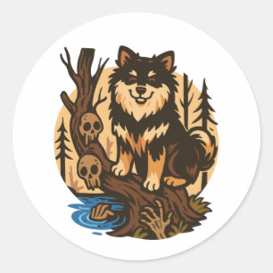 Spooky Forest Dog with Skulls Horror Art Classic Round Sticker