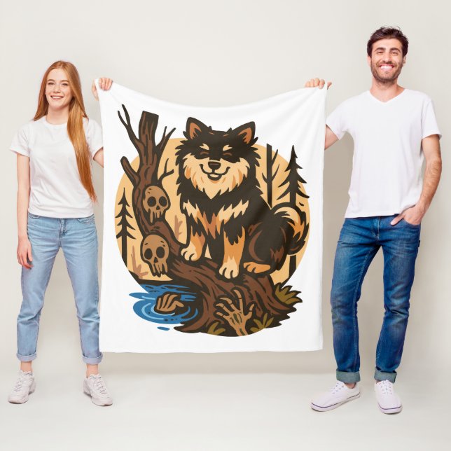 Spooky Forest Dog with Skulls Horror Art Fleece Blanket (In Situ)