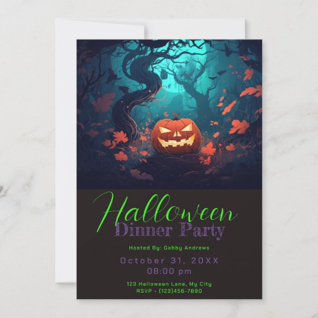Spooky Forest Pumpkin Leave Halloween Dinner Party Invitation (Front)