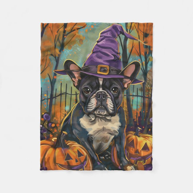 Spooky French Bulldog Halloween Witch And Pumpkin Fleece Blanket (Front)