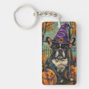 Spooky French Bulldog Halloween Witch And Pumpkin Keychain