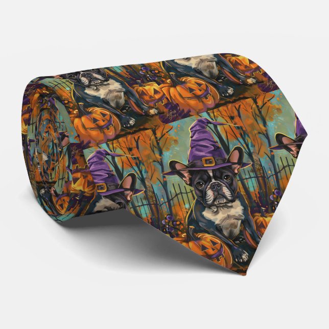 Spooky French Bulldog Halloween Witch And Pumpkin Tie (Rolled)