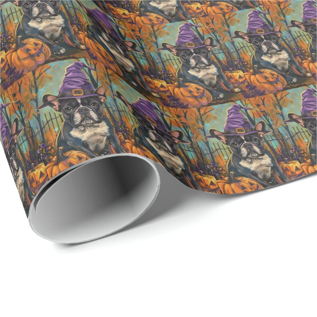 Spooky French Bulldog Halloween Witch And Pumpkin Wrapping Paper (Roll Corner)
