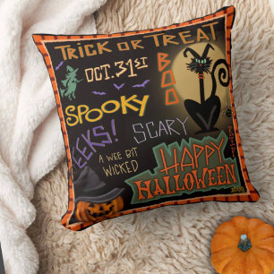 Spooky Fun Cute Halloween Black Cat Pumpkin Throw Pillow