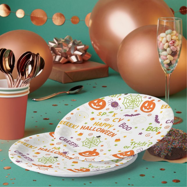 Spooky & Fun Pumpkin - Colourful Halloween Pattern Paper Plate (Multi)