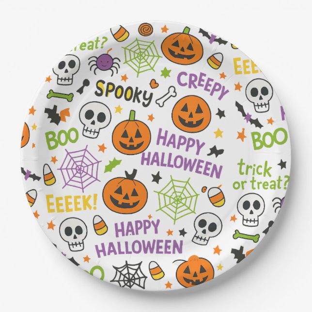 Spooky & Fun Pumpkin - Colourful Halloween Pattern Paper Plate (Front)