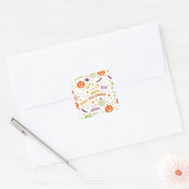 Spooky & Fun Pumpkin - Colourful Halloween Pattern Square Sticker (Envelope)