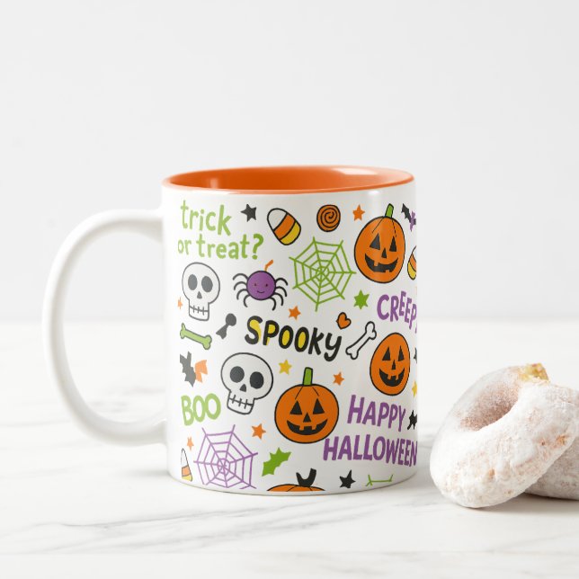 Spooky & Fun Pumpkin - Colourful Halloween Pattern Two-Tone Coffee Mug (With Donut)