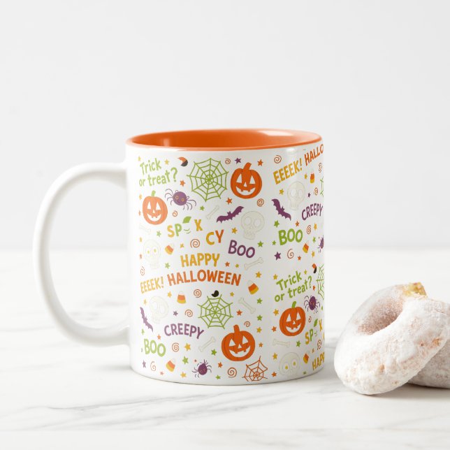 Spooky & Fun Pumpkin - Colourful Halloween Pattern Two-Tone Coffee Mug (With Donut)