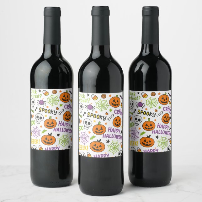 Spooky & Fun Pumpkin - Colourful Halloween Pattern Wine Label (Bottles)