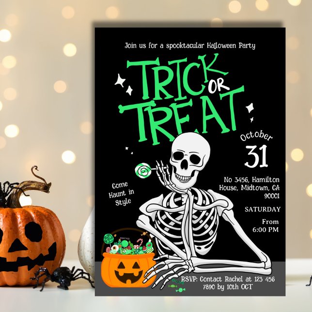 Spooky fun Skeleton Trick‑or‑Treat Halloween Party Invitation (Creator Uploaded)